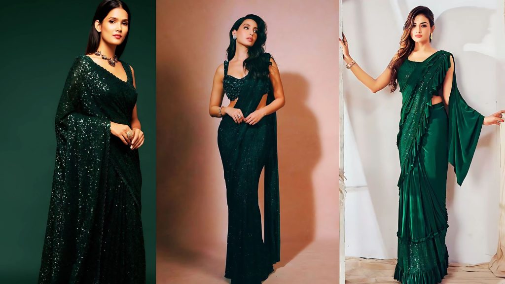Emerald Green Saree – Stylish Night Party Wear