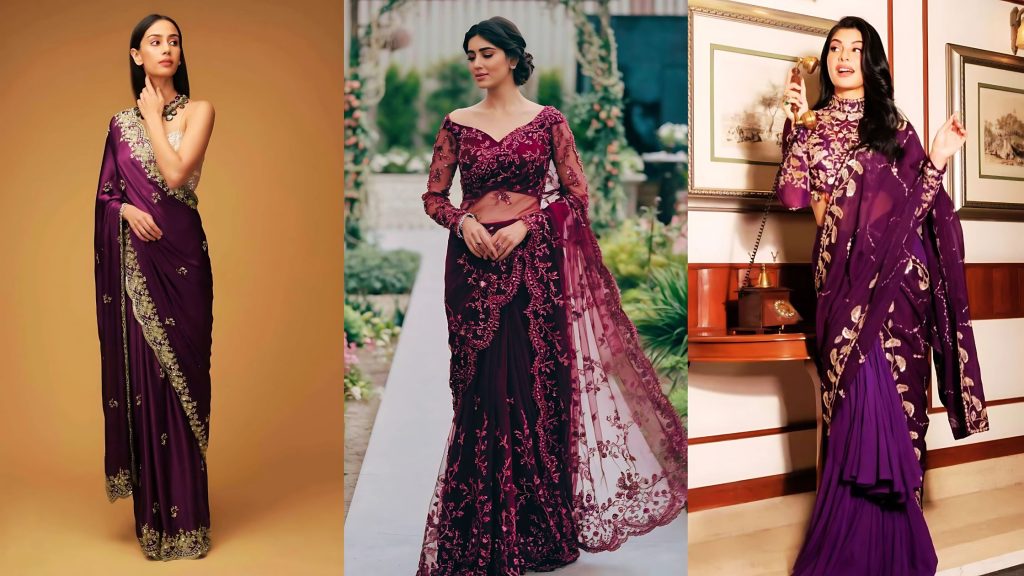 Glamorous Wine and Burgundy Saree for Evening Events