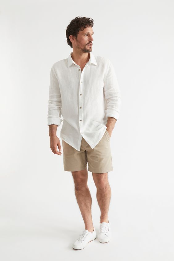 White Button-Down Shirt with Khaki Shorts
